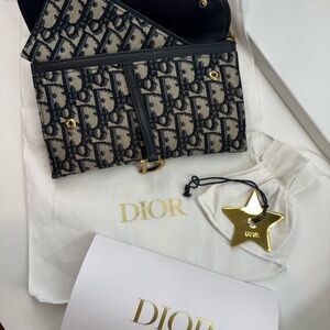 Christian Dior Small Saddle Pouch with Chain Blue Dior Oblique Jacquard